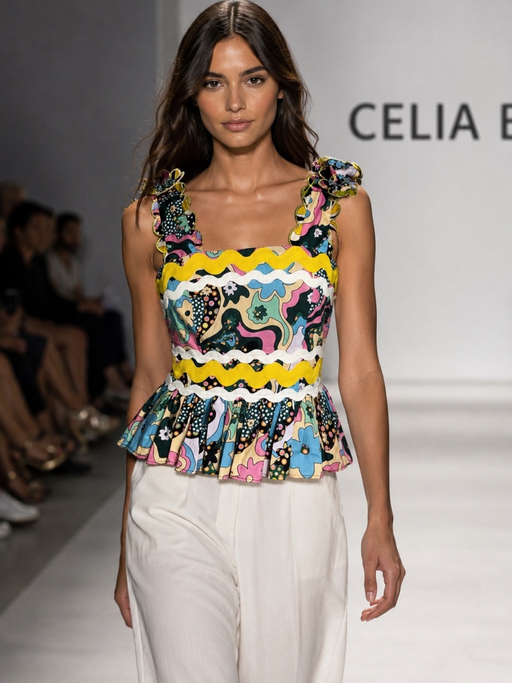 Celia B Geranio Top Size Medium M NWT Psychedelic Floral Ric-Rac Peplum Crop Top